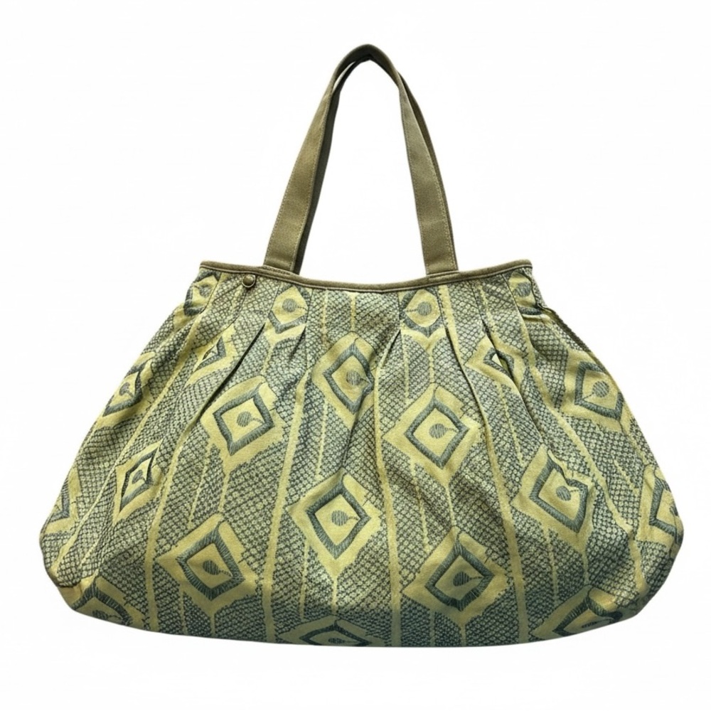Vintage Large Green Blue Geometric Patterned Boho Tote Bag Very Good Condition